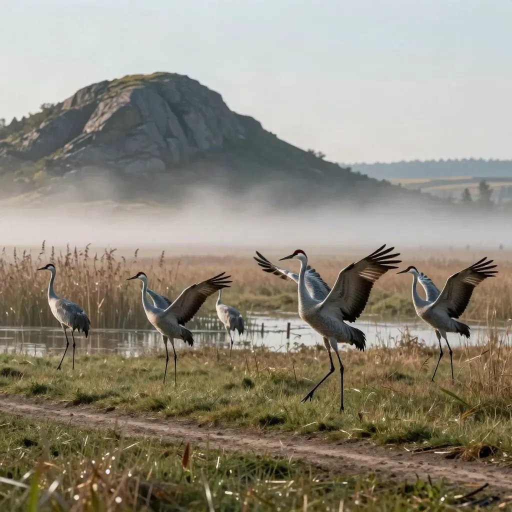 Cranes lift from a misty marsh beside a butte at sunrise