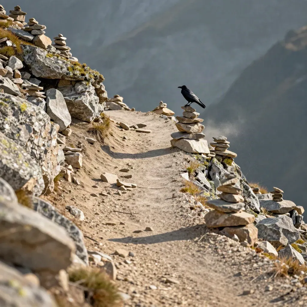 Raven on an alpine trail curling past cairns and scree in warm late light