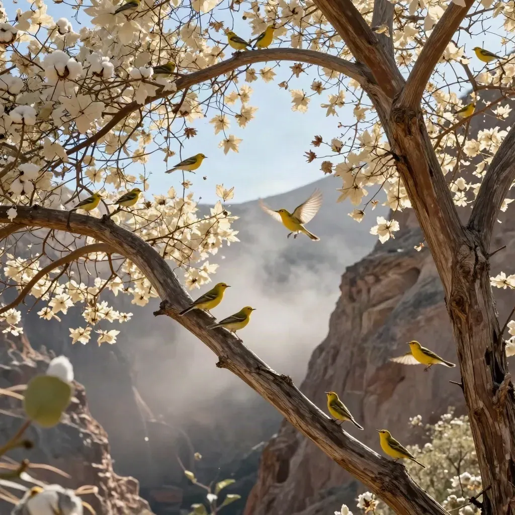 Warblers and tanagers flashing through a cottonwood canopy at dawn.