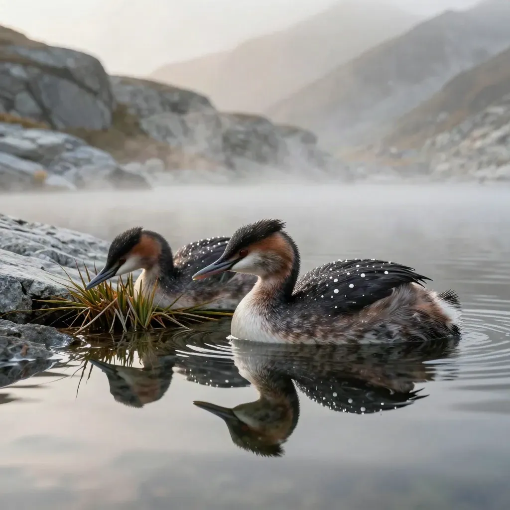Two grebes at a calm alpine tarn, one skimming water and one pecking reeds by granite shore.