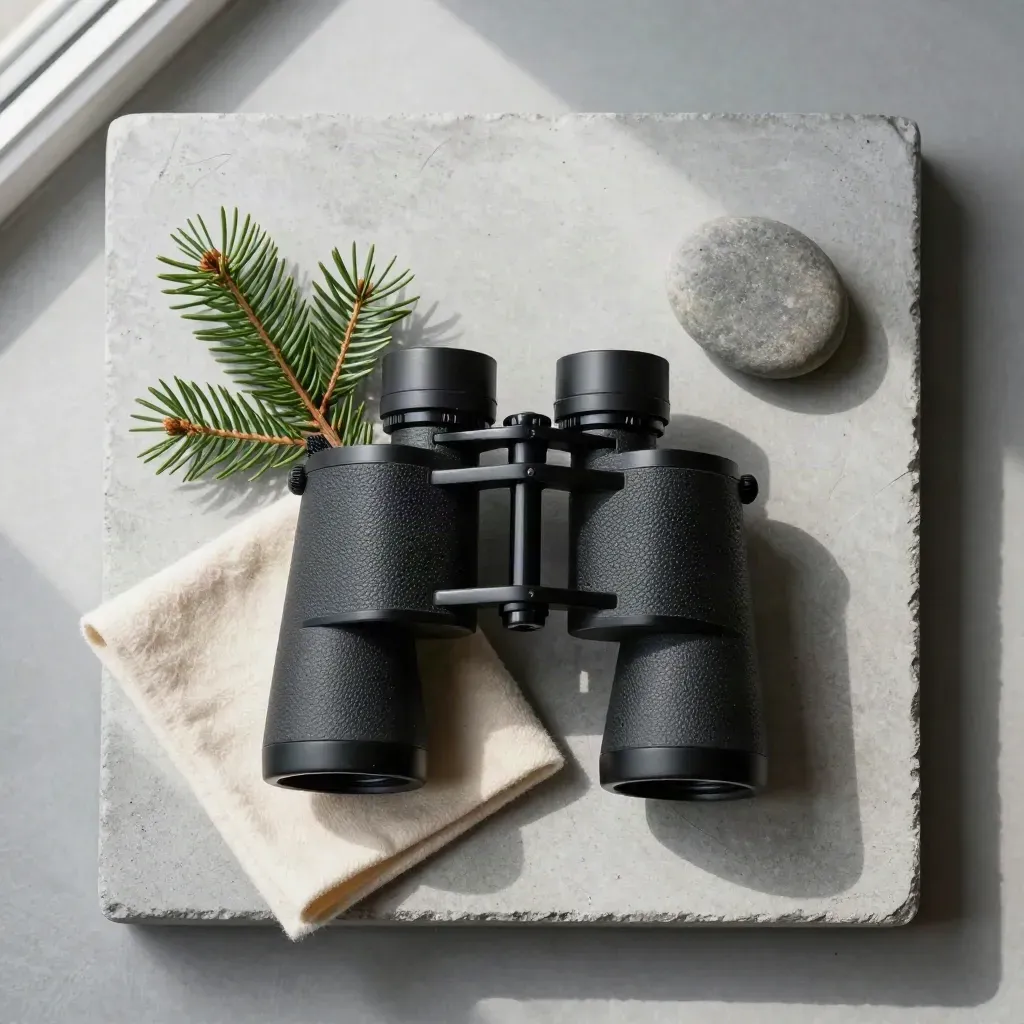 Overhead flatlay of binoculars, lens cloth, spruce sprig, and river stone on pale concrete.