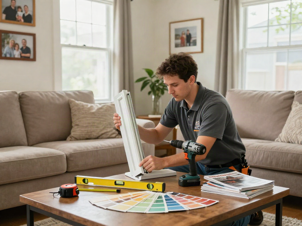 Professional home repair services Des Moines Iowa with skilled tradesperson adjusting window casing in cozy living room.